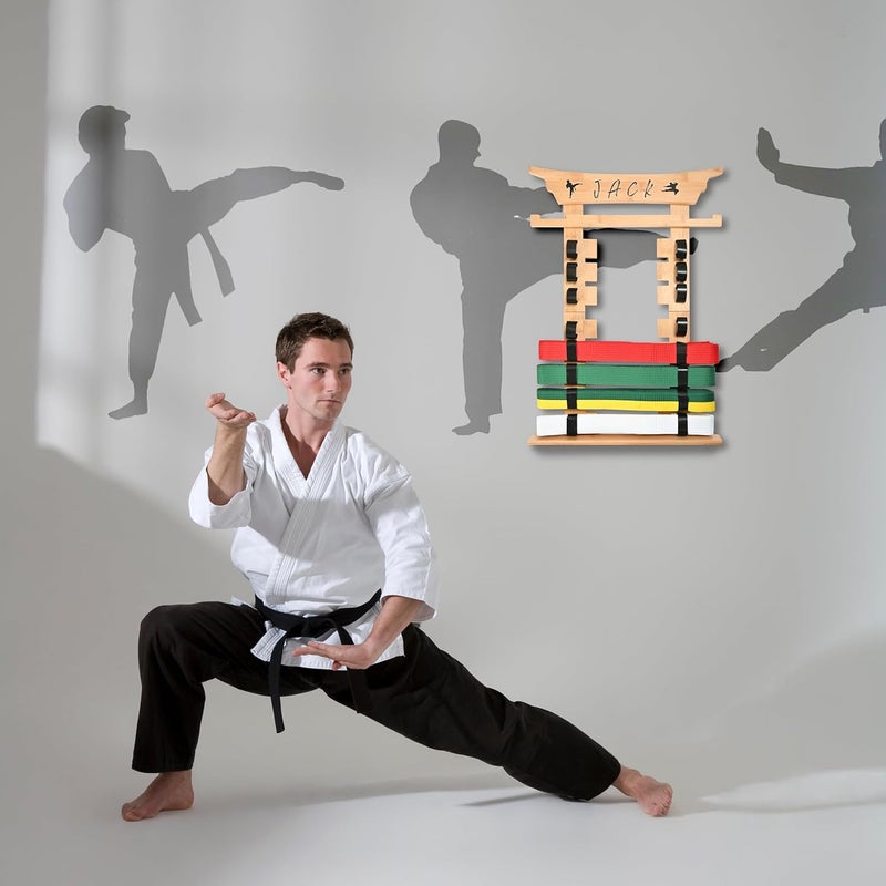 humberboat Wall Karate Belt Display Rack with Medal Hanger and Stickers, Martial Arts Belt Display Holder, 8 Belt Taekwondo Belt Belt Display Hanging Holder for Kids and Adults-Brown - Image 3